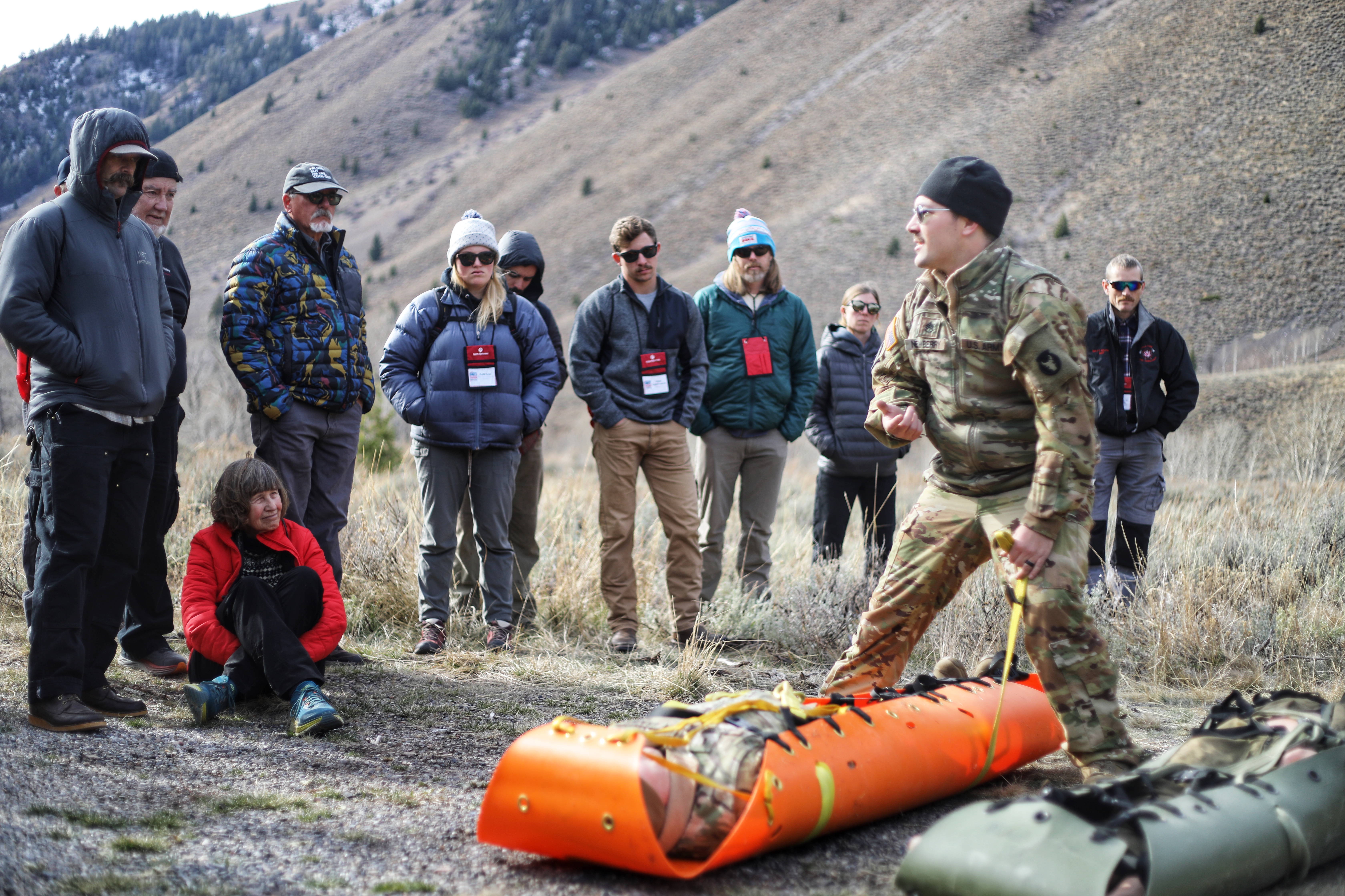 Idaho National Guard teaches attendees how to properly prepare a patient for a helicopter hoist from a rescue scene.